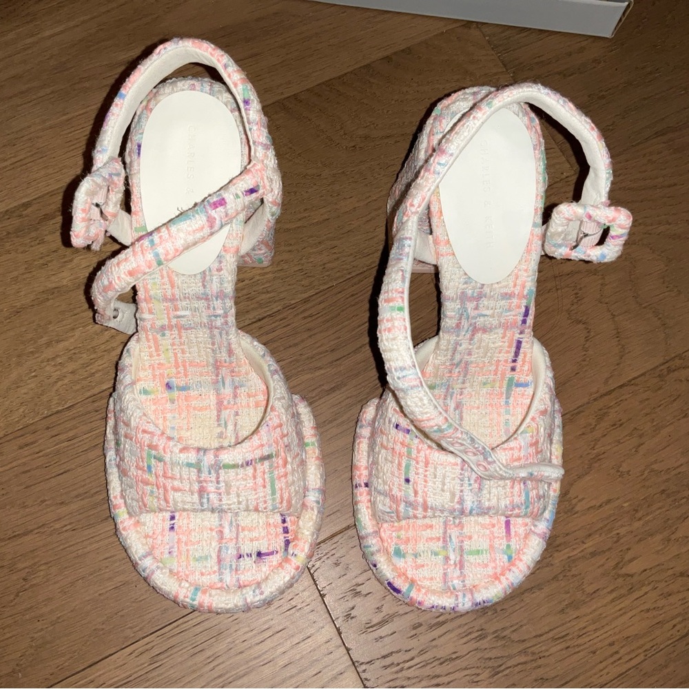 Charles & Keith Sinead Tweed Trapeze Heel Buckled Sandals